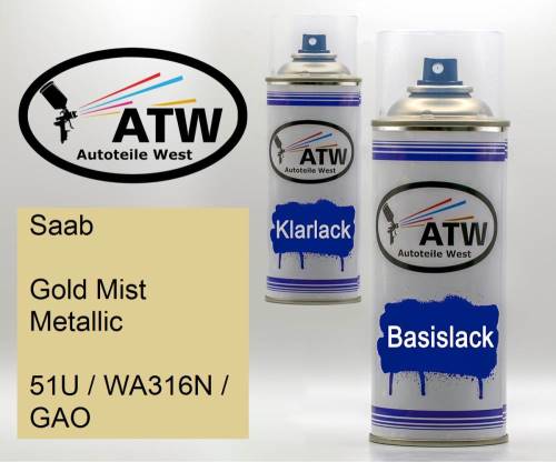 Saab, Gold Mist Metallic, 51U / WA316N / GAO: 400ml Sprühdose + 400ml Klarlack - Set, von ATW Autoteile West.